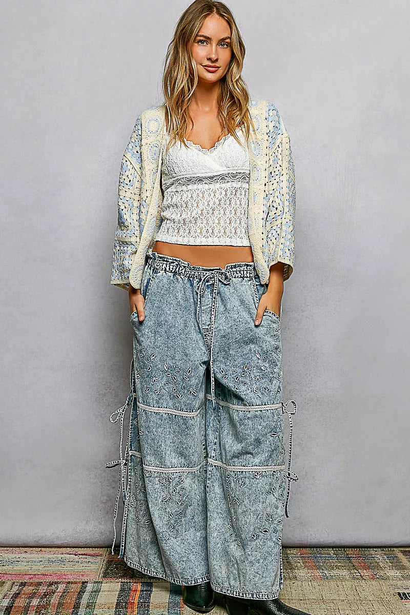 POL Crochet Cardigan | Open Front Granny Square Boho Sweater Women