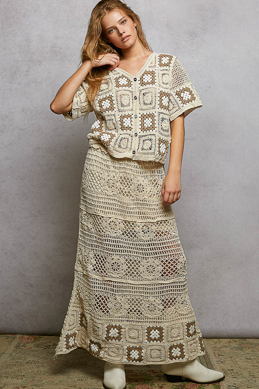 Front close-up of POL Crochet Maxi Skirt highlighting ruffled waistband and intricate granny square crochet weave