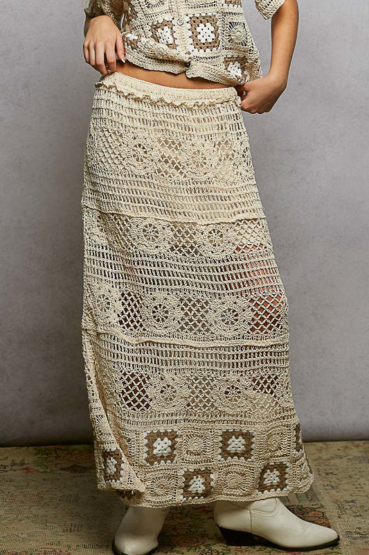 Front view of POL Floral Crochet Ruffled Waistband Maxi Skirt in floral design, styled for casual boho summer outfit