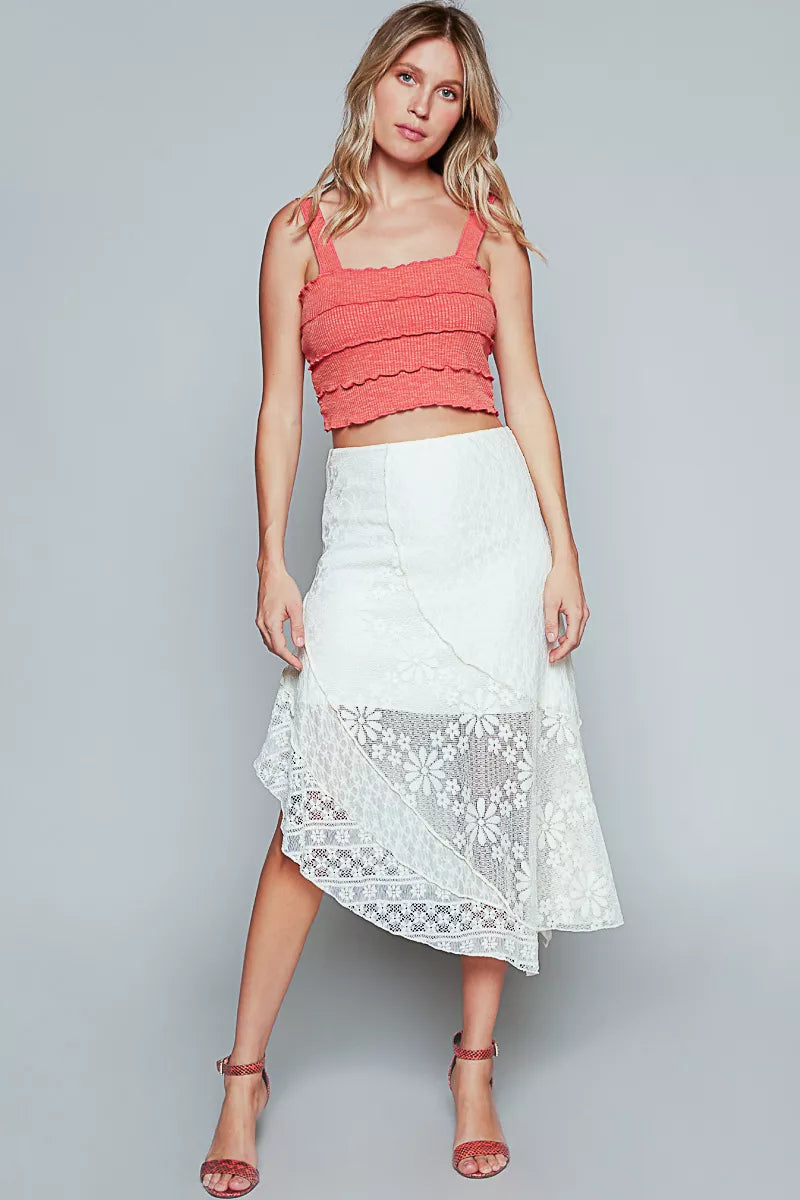 POL Ruffled Floral Lace Skirt with Unbalanced Hem – Elegant Style