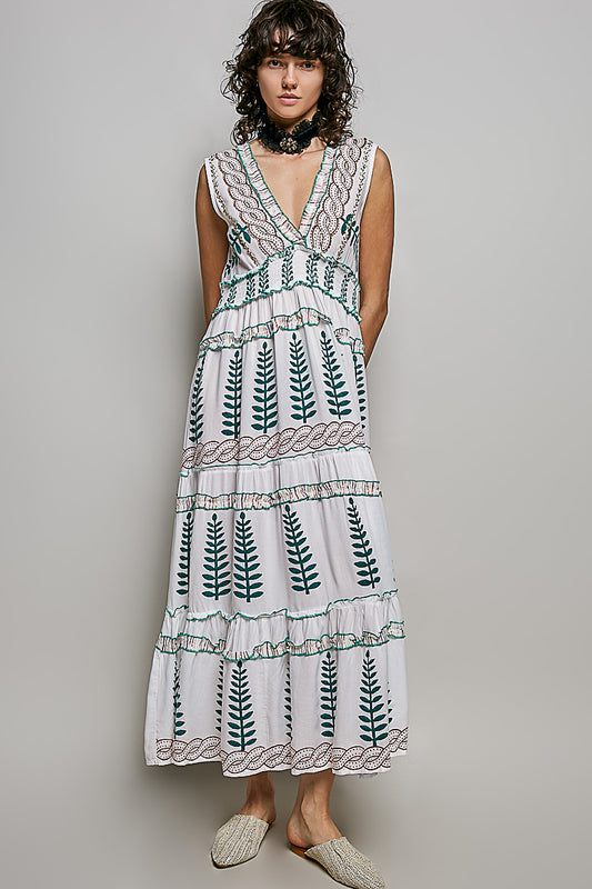 POL Floral Printed Sleeveless Tiered Dress with Smocked Waistband front view featuring V-neckline, smocked bodice, and floral print on flowy viscose fabric