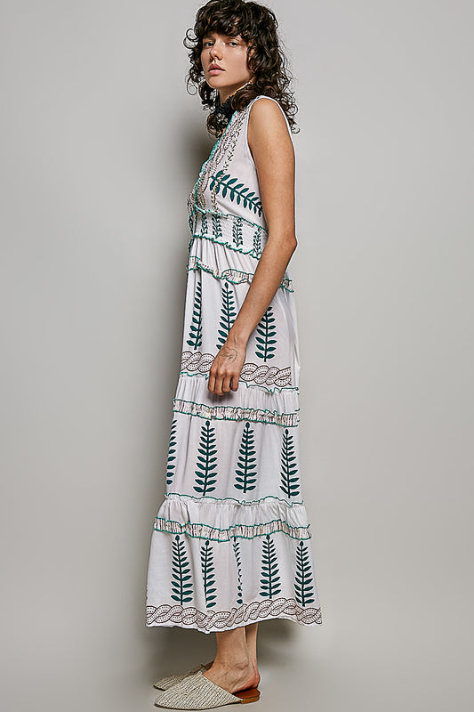 POL Floral Printed Sleeveless Tiered Dress with Smocked Waistband side view showing tiered A-line maxi silhouette, sleeveless design, and relaxed flowy fit