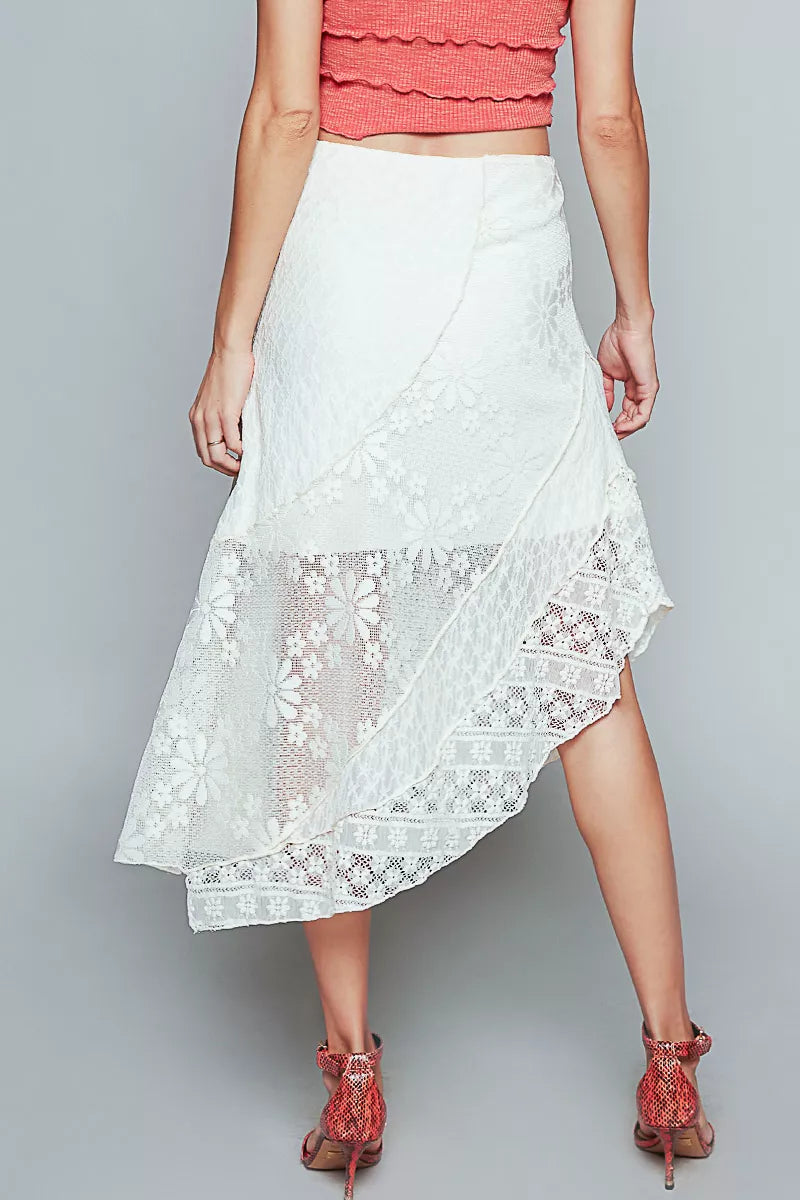 POL Ruffled Floral Lace Skirt with Unbalanced Hem – Elegant Style