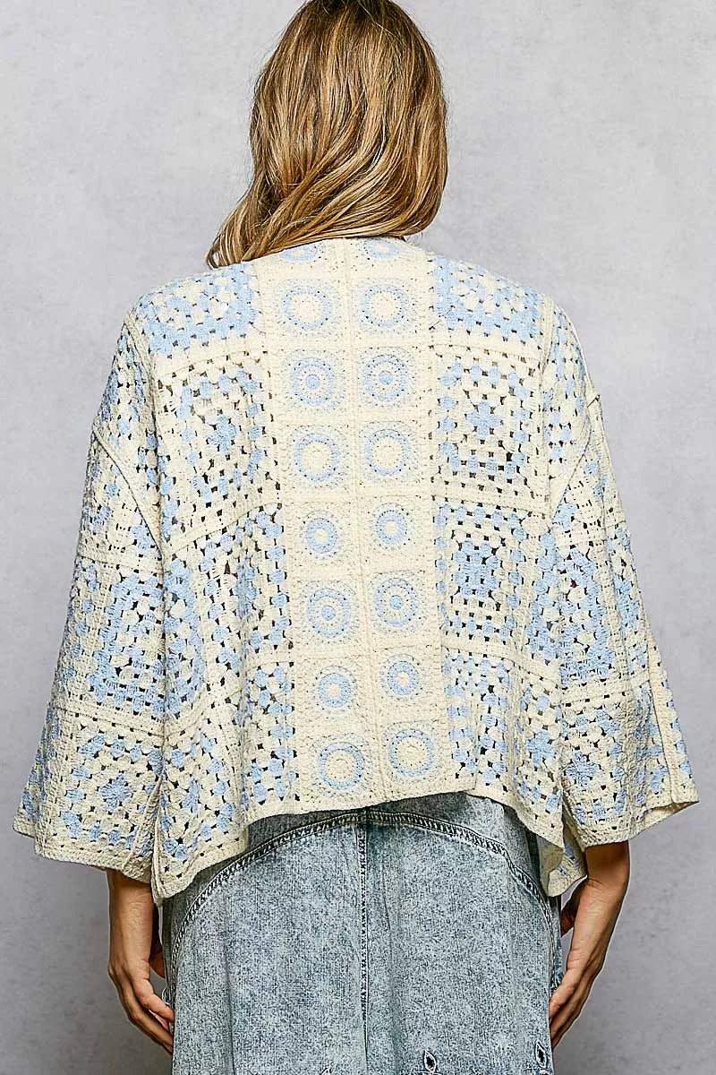 POL Crochet Cardigan | Open Front Granny Square Boho Sweater Women