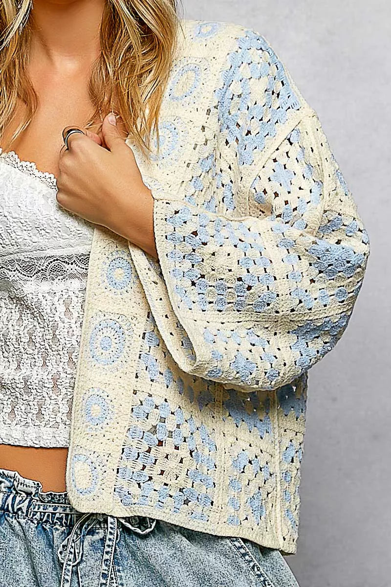 POL Crochet Cardigan | Open Front Granny Square Boho Sweater Women