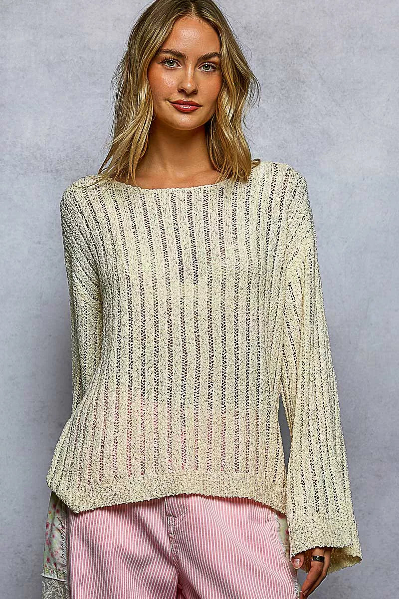 Front view of POL open weave knit sweater. Lightweight relaxed long sleeve top. Breathable crochet or mesh knit construction. Drop shoulder silhouette. Casual drape for everyday wear.