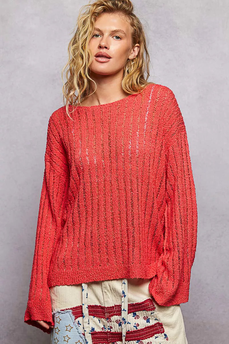 POL Open Weave Lightweight Sweater front alternate view - loose crewneck sweater with visible open knit stitching, relaxed drop shoulders, and lightweight drape

