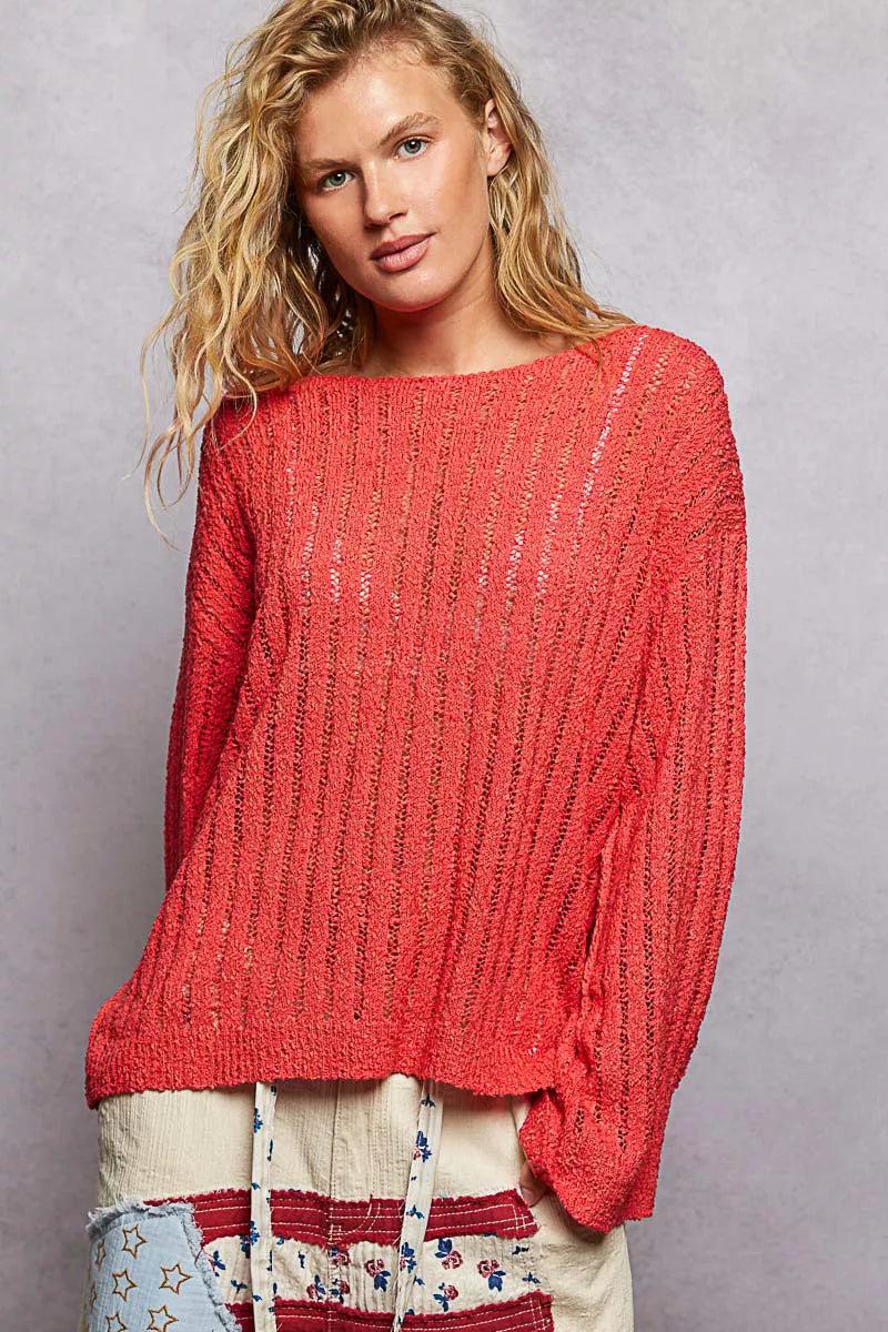 POL Open Weave Lightweight Sweater front view - relaxed long sleeve knit top with open weave texture, breathable cotton-blend fabric, and easy oversized fit

