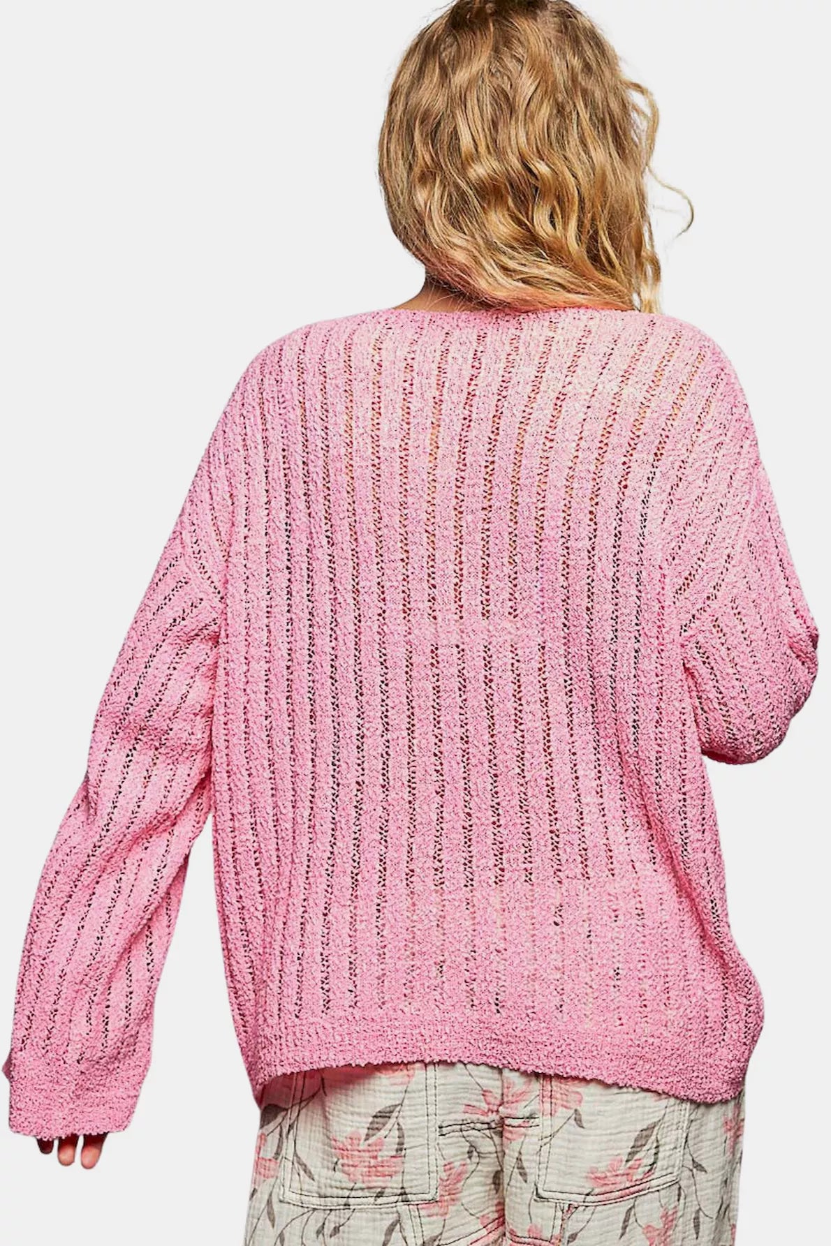 POL round neck sweater back view open weave lightweight breathable knit top