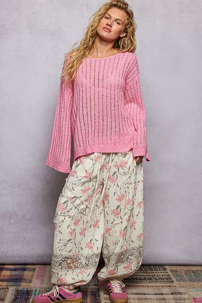 POL open weave round neck sweater front view lightweight long sleeve pullover