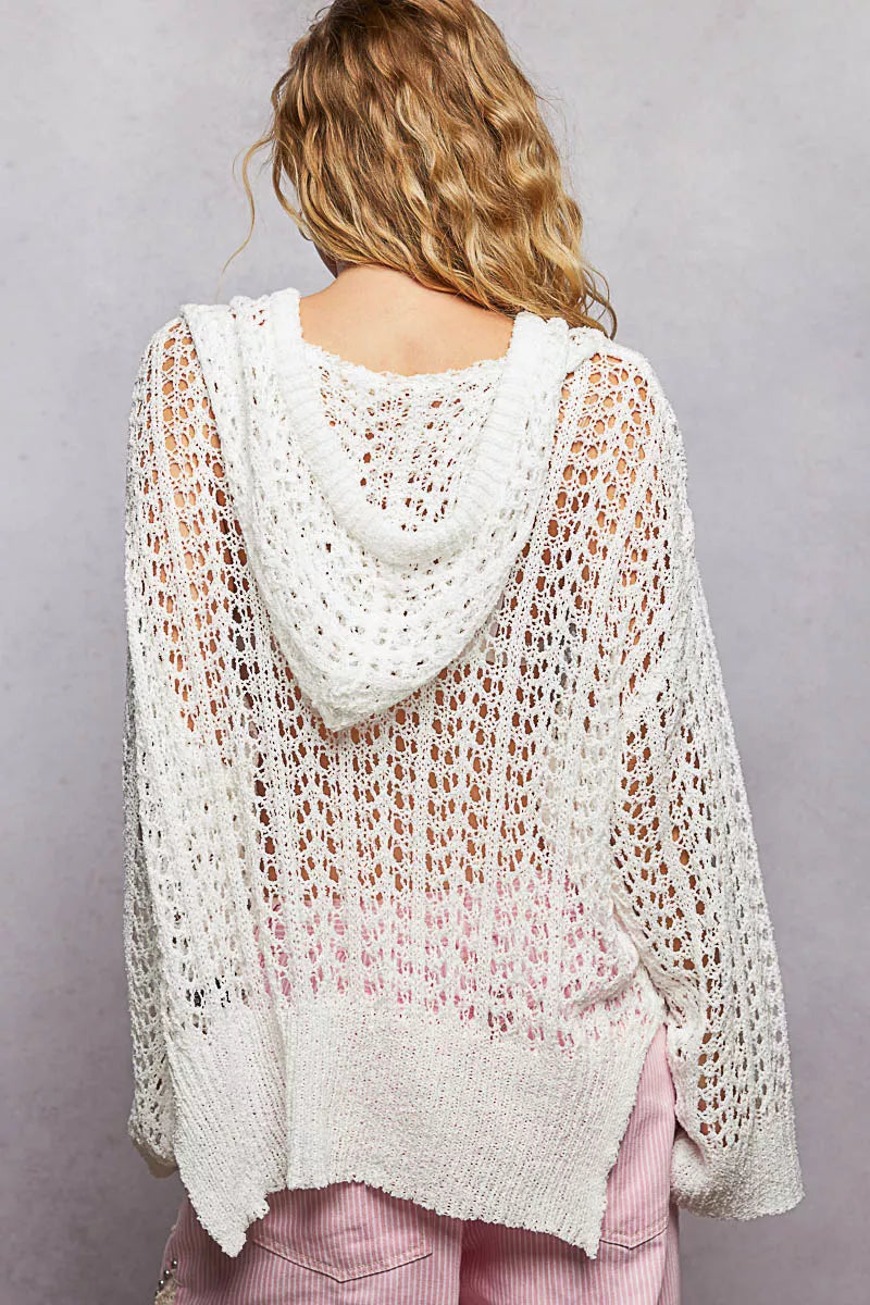 Back view of POL openwork high low knit top showing flowy hem and lightweight knit fabric
