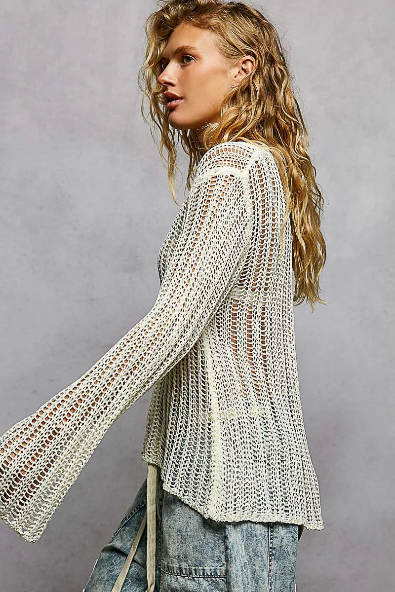 POL Openwork Round Neck Knit Cover Up - Cozy Layering Top