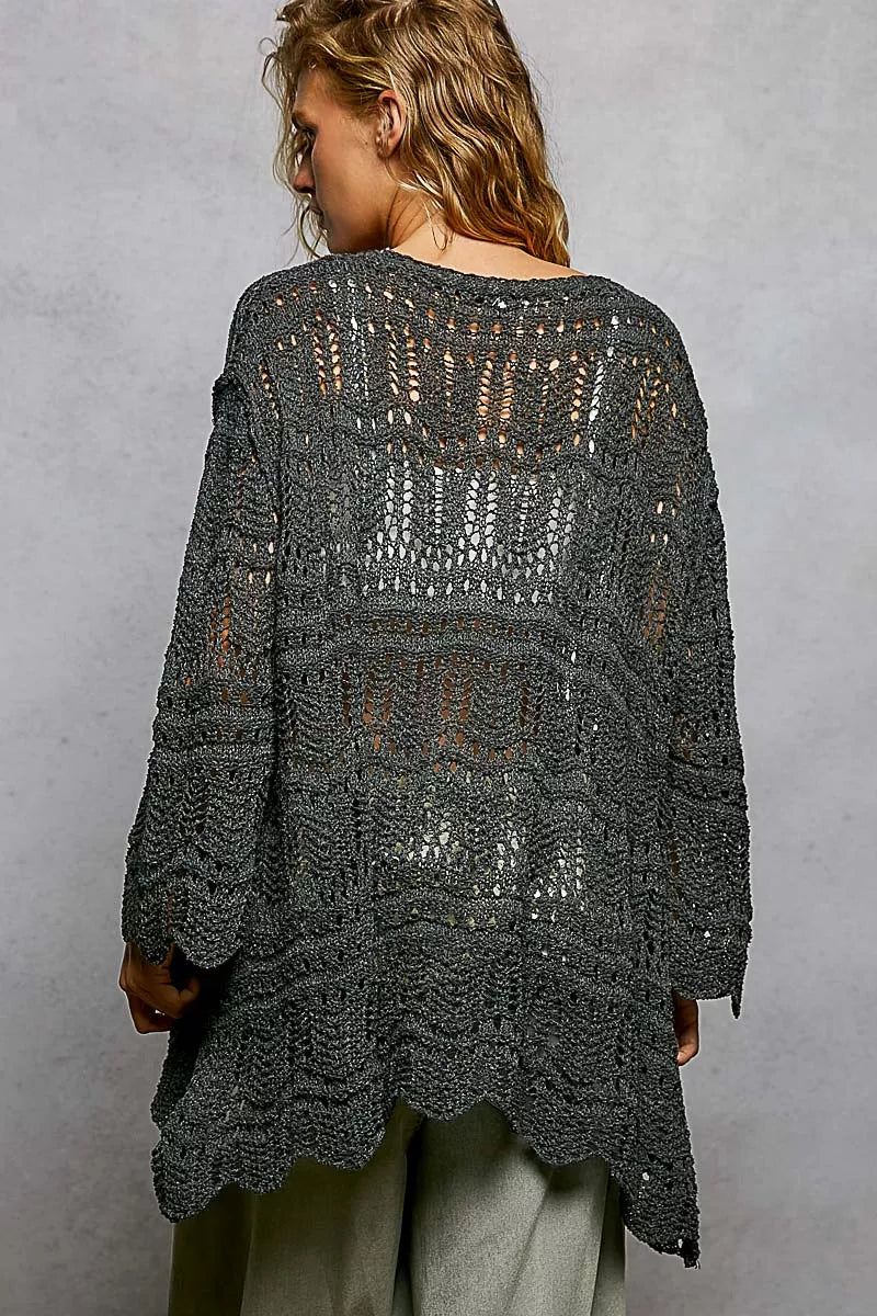 Back view of POL openwork lightweight cardigan showing airy knit, scalloped hem detail, and casual relaxed fit for layering
