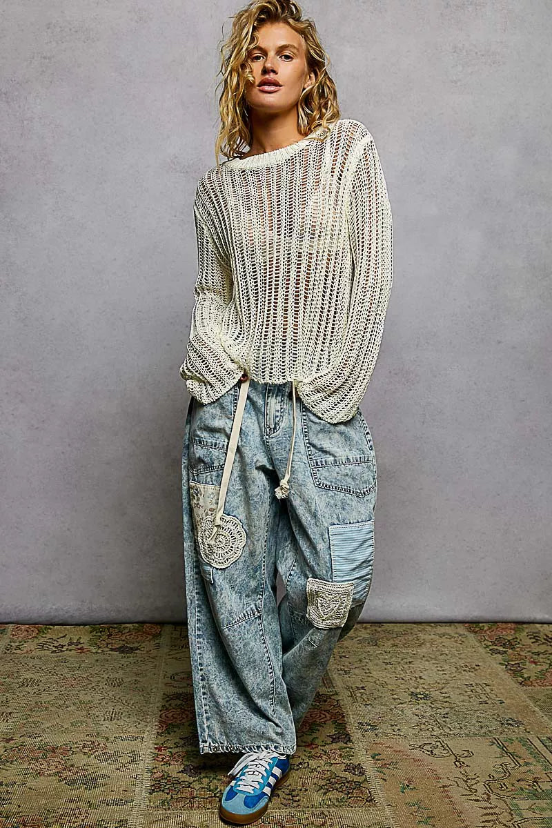 POL Openwork Round Neck Knit Cover Up - Cozy Layering Top