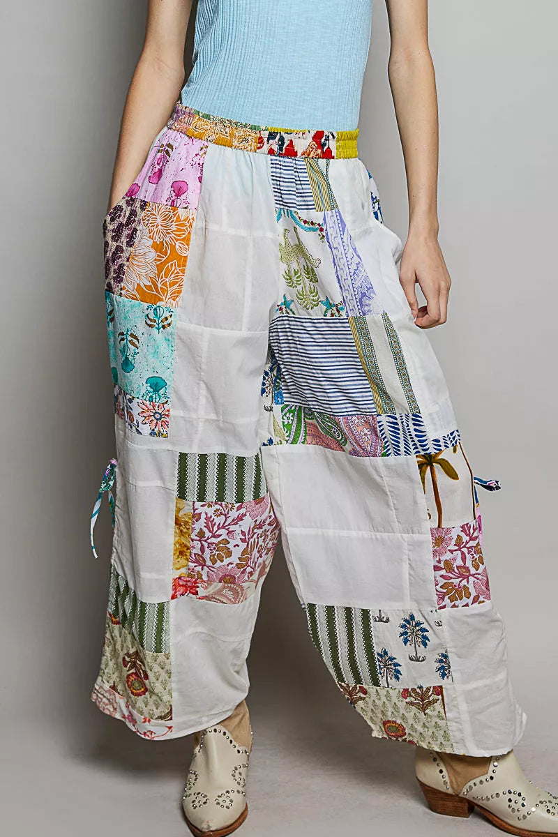 POL printed patchwork wide leg pants front view adjustable side drawstring