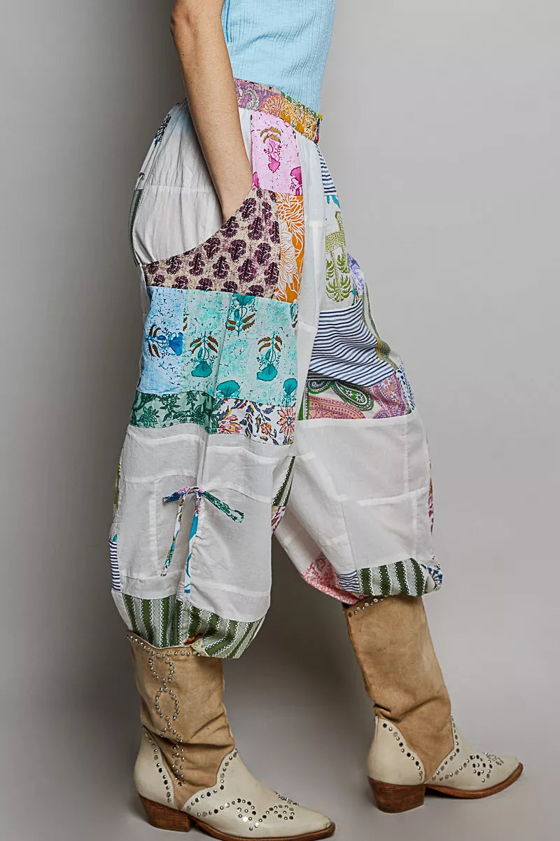 POL patchwork pants side view wide leg adjustable drawstring shirred cotton