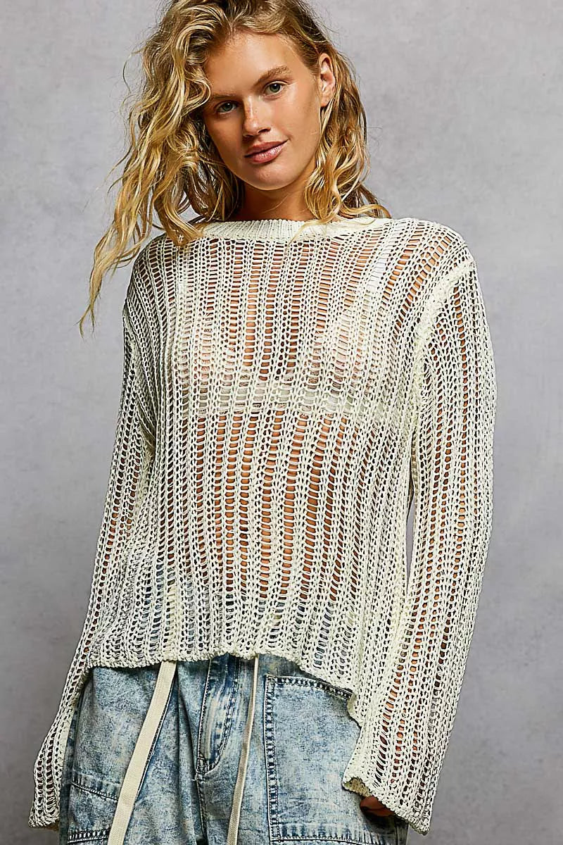 POL Openwork Round Neck Knit Cover Up - Cozy Layering Top