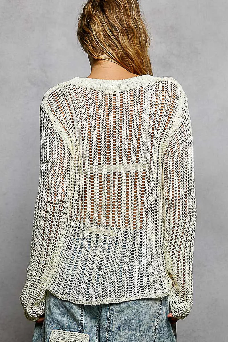 POL Openwork Round Neck Knit Cover Up - Cozy Layering Top