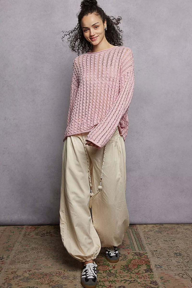 POL Openwork Round Neck Knit Top Shiny Detail | Centprime