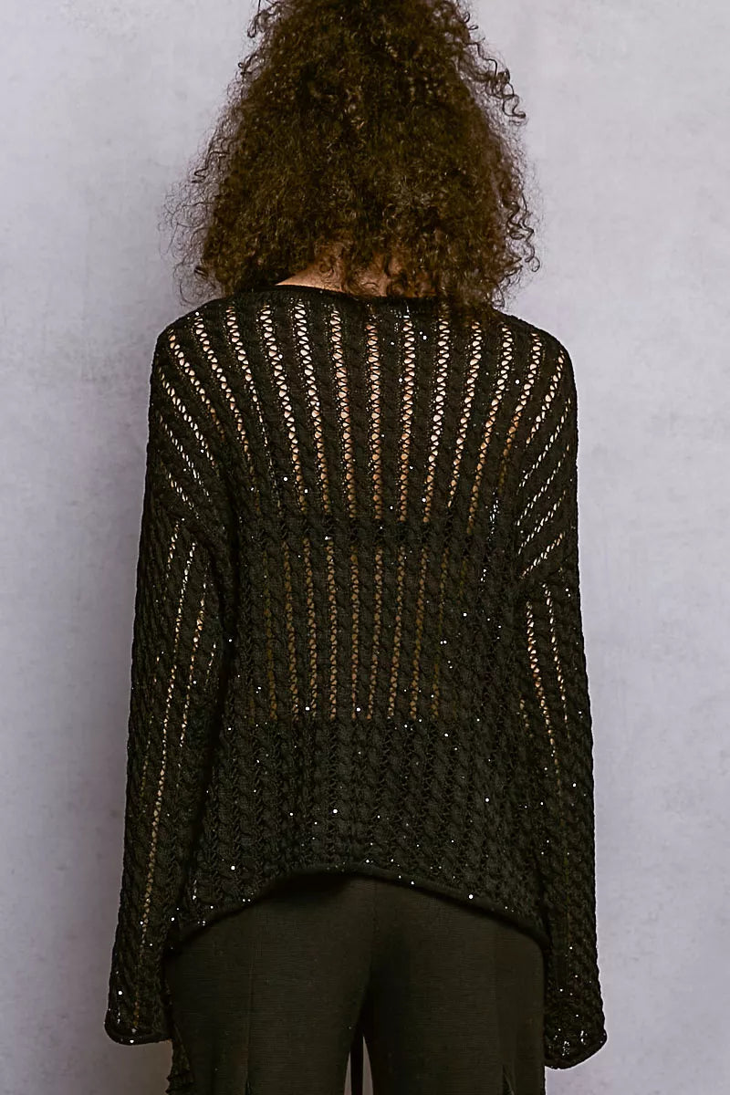 POL Openwork Round Neck Knit Top | Shiny Detail | Centprime