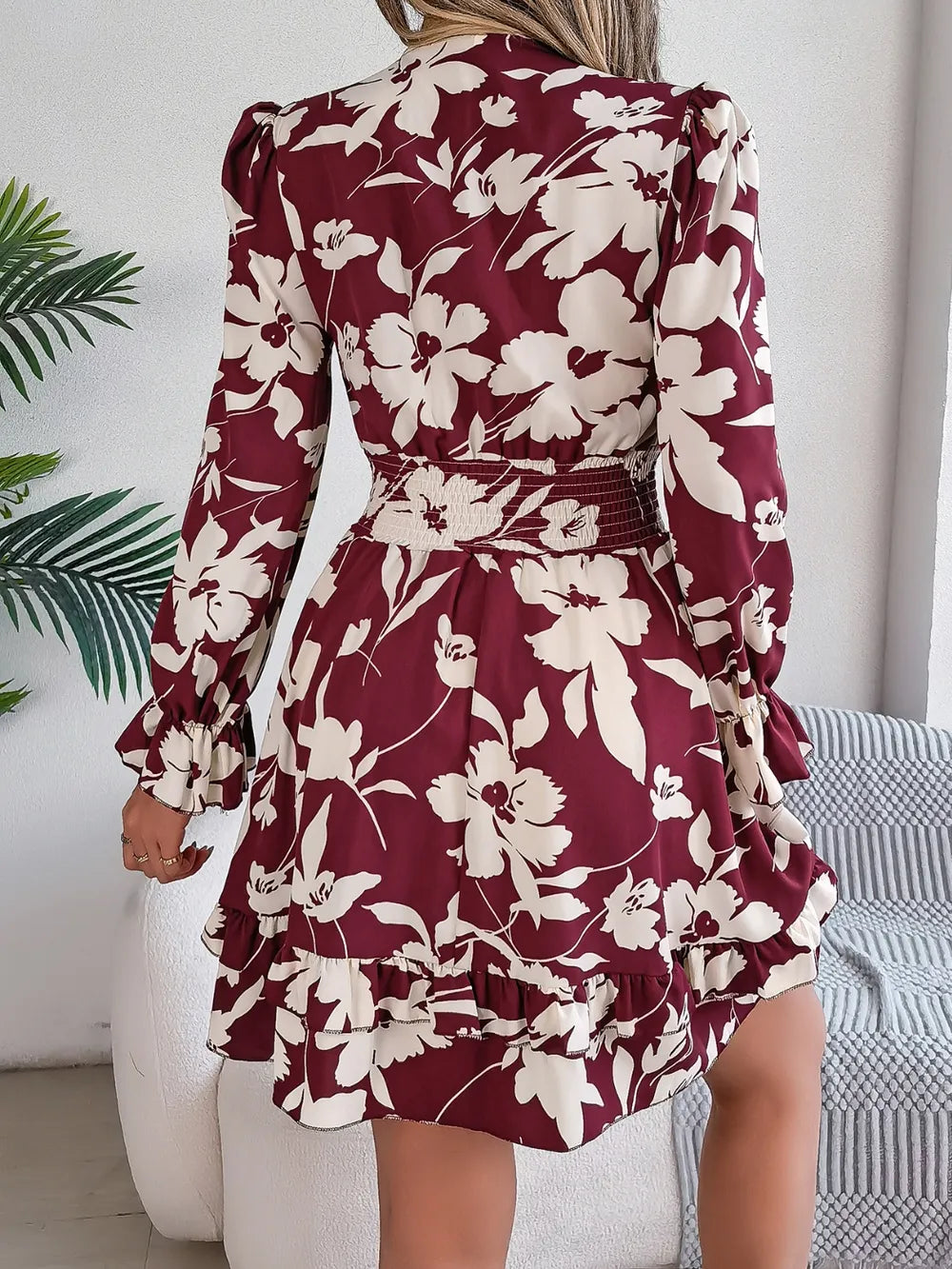 Tied Ruffled Printed Long Sleeve Dress – Shop Now