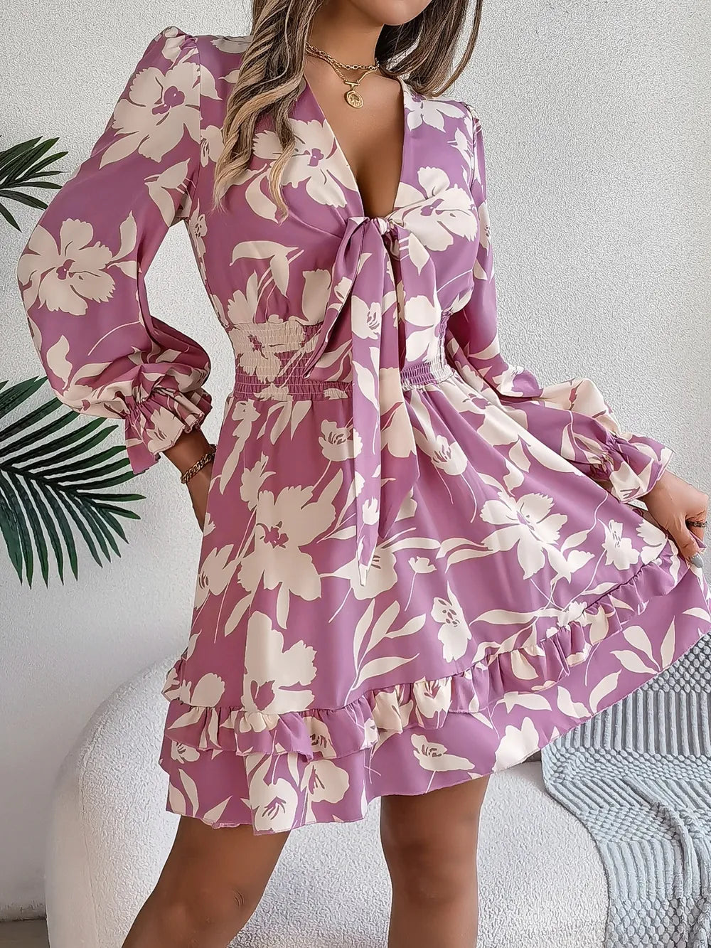 Tied Ruffled Printed Long Sleeve Dress – Shop Now