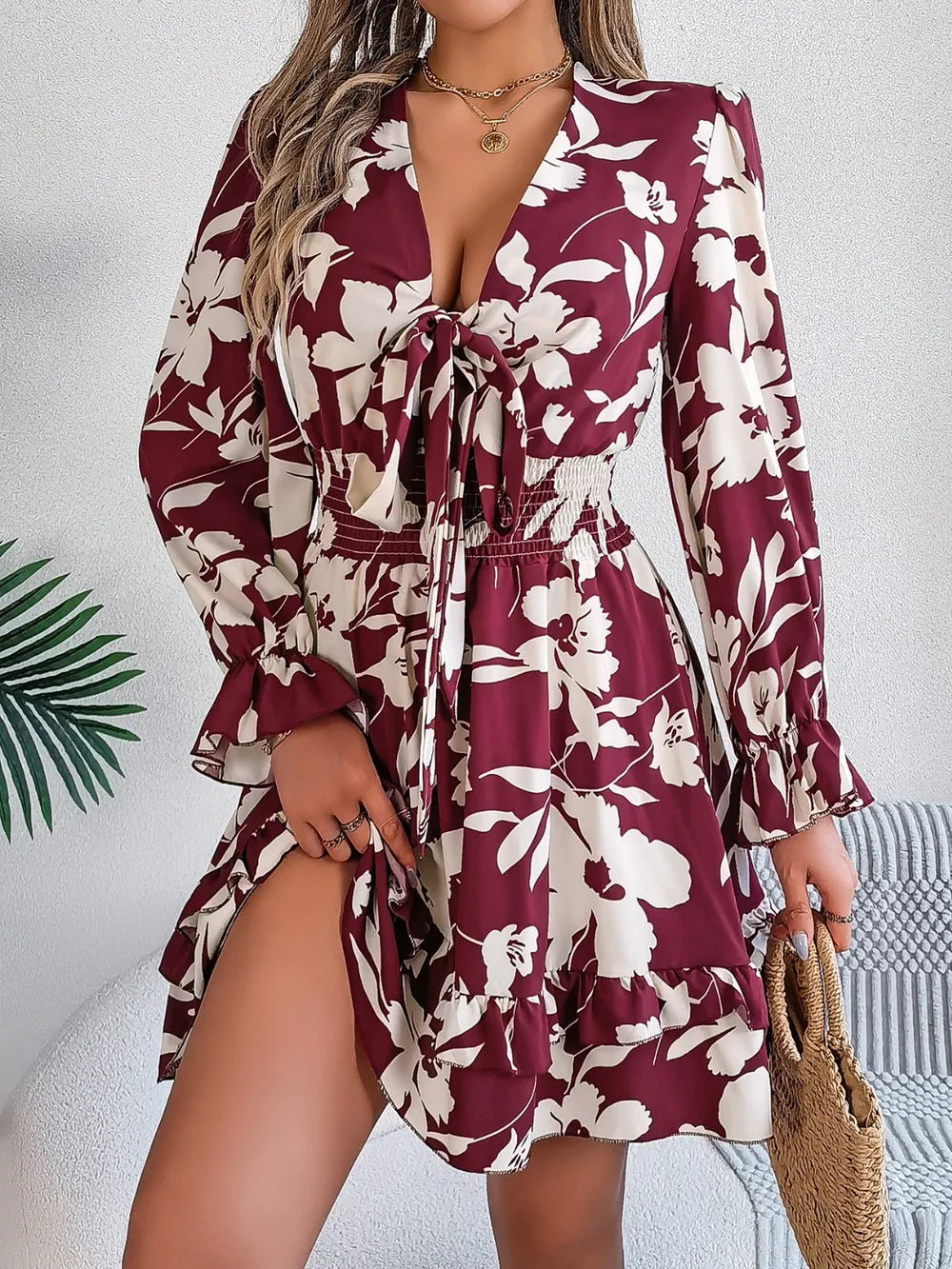 Tied Ruffled Printed Long Sleeve Dress – Shop Now