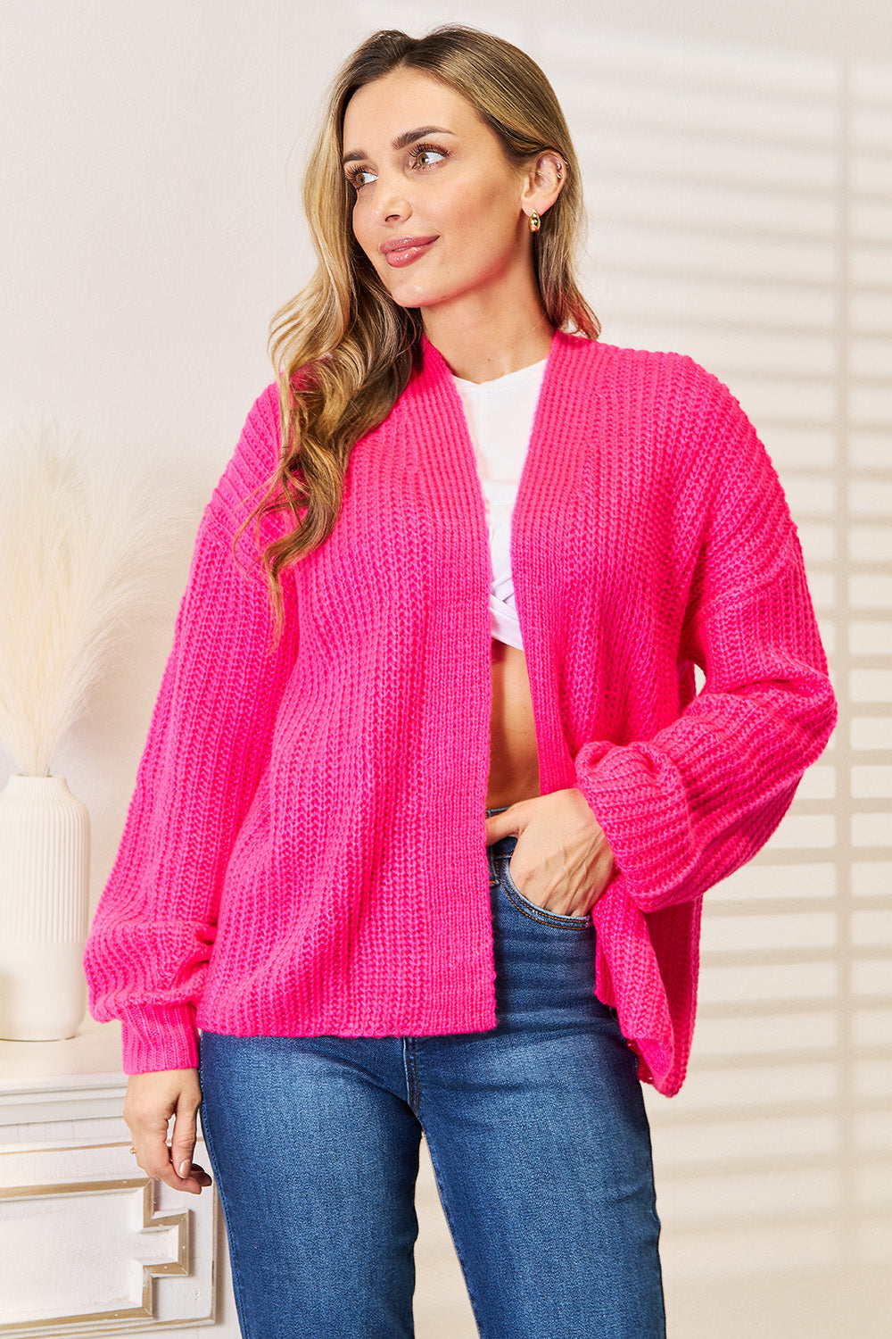 Woven Right Rib-Knit Open Front Drop Shoulder Cardigan | Cozy Style