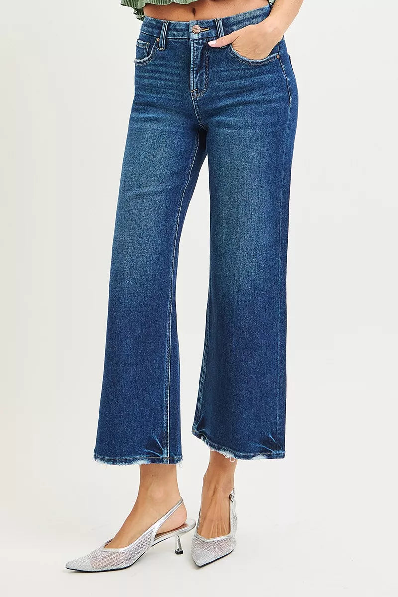 RISEN Tummy Control 4 Way Stretch High Rise Crop Wide Leg Jeans