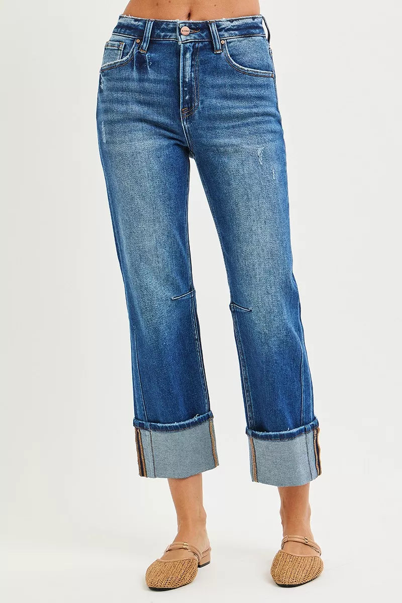 RISEN High Rise Straight Jeans with Distressed Hem for Modern Style