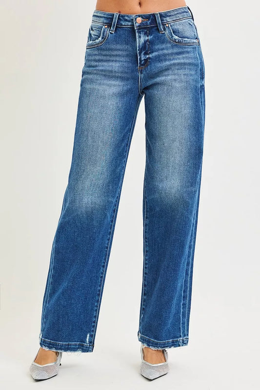 RISEN full size slouchy baggy jeans with pocket side seam detail front view showing relaxed fit denim style