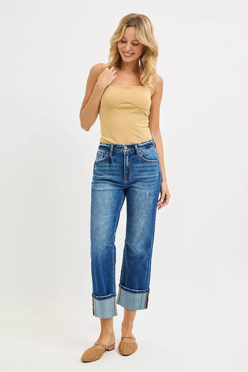RISEN High Rise Straight Jeans with Distressed Hem for Modern Style
