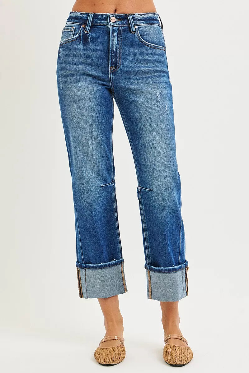 RISEN High Rise Straight Jeans with Distressed Hem for Modern Style