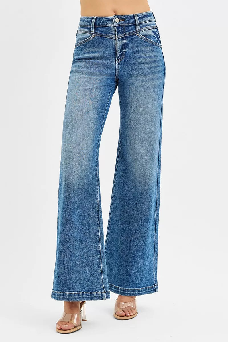 Second front view of RISEN wide leg jeans showing high rise silhouette and relaxed full length denim design
