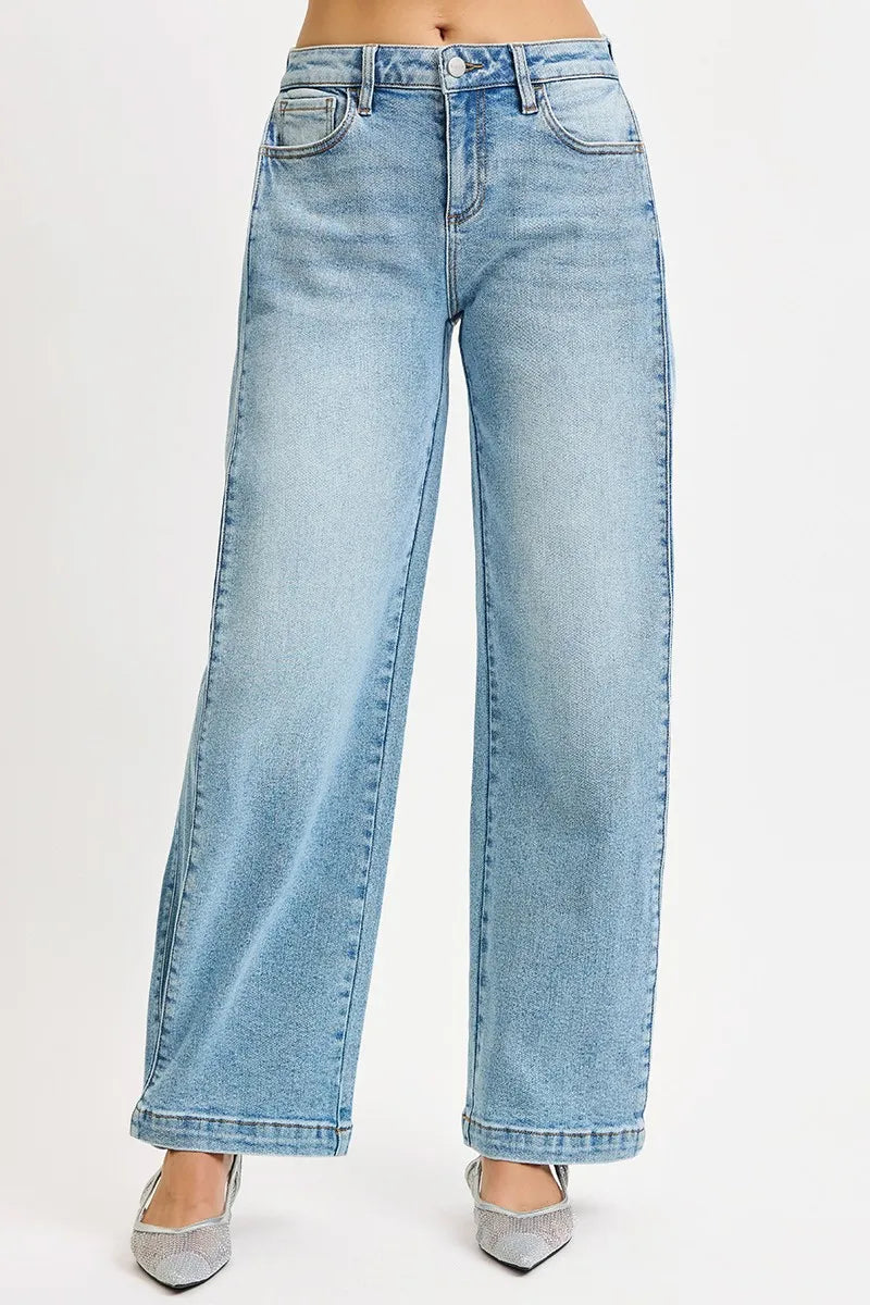 Front view of RISEN Mid Rise Wide Barrel Transferable Leg Snap Jeans featuring relaxed barrel fit and snap leg detail