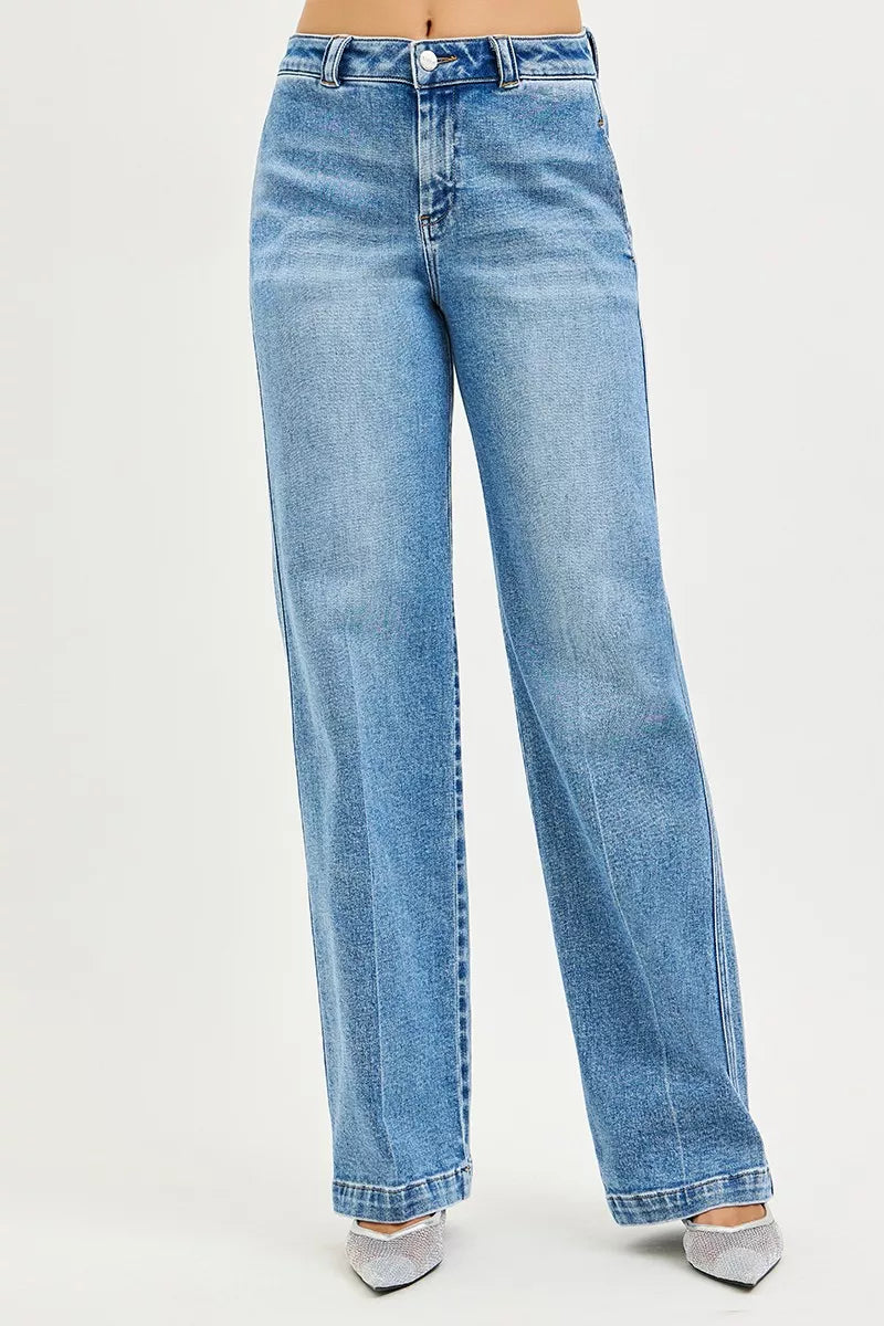 RISEN Slouchy Straight Jeans front view - baggy low-rise straight leg denim in dark blue wash with relaxed fit and loose seat