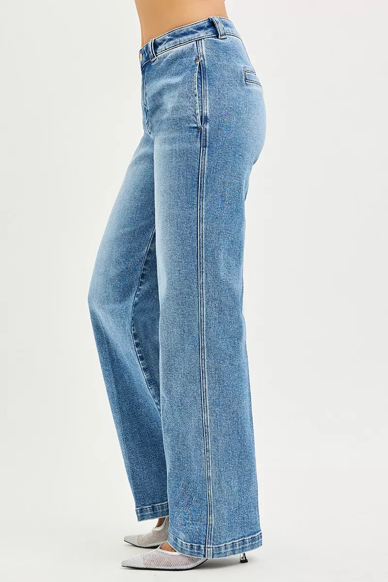 RISEN Slouchy Straight Jeans side view - loose straight leg silhouette with mid-low rise and effortless slouchy drape