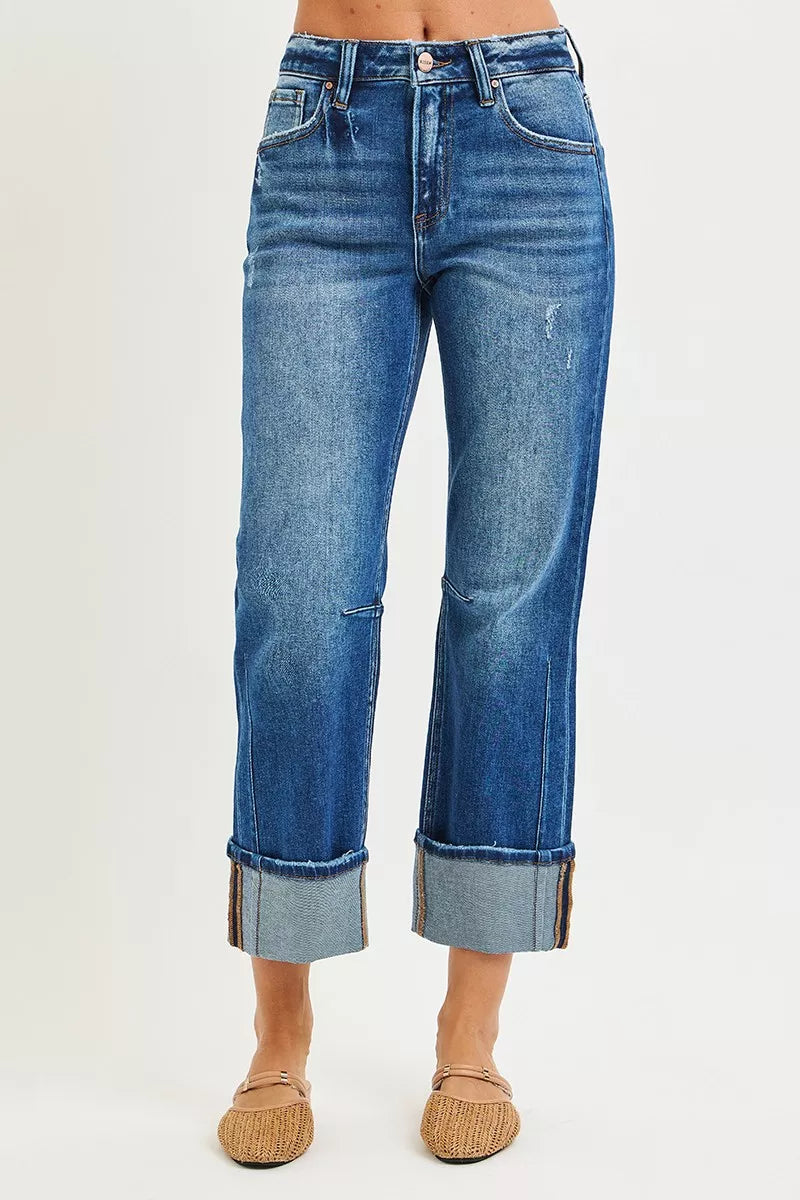 RISEN High Rise Straight Jeans with Distressed Hem for Modern Style