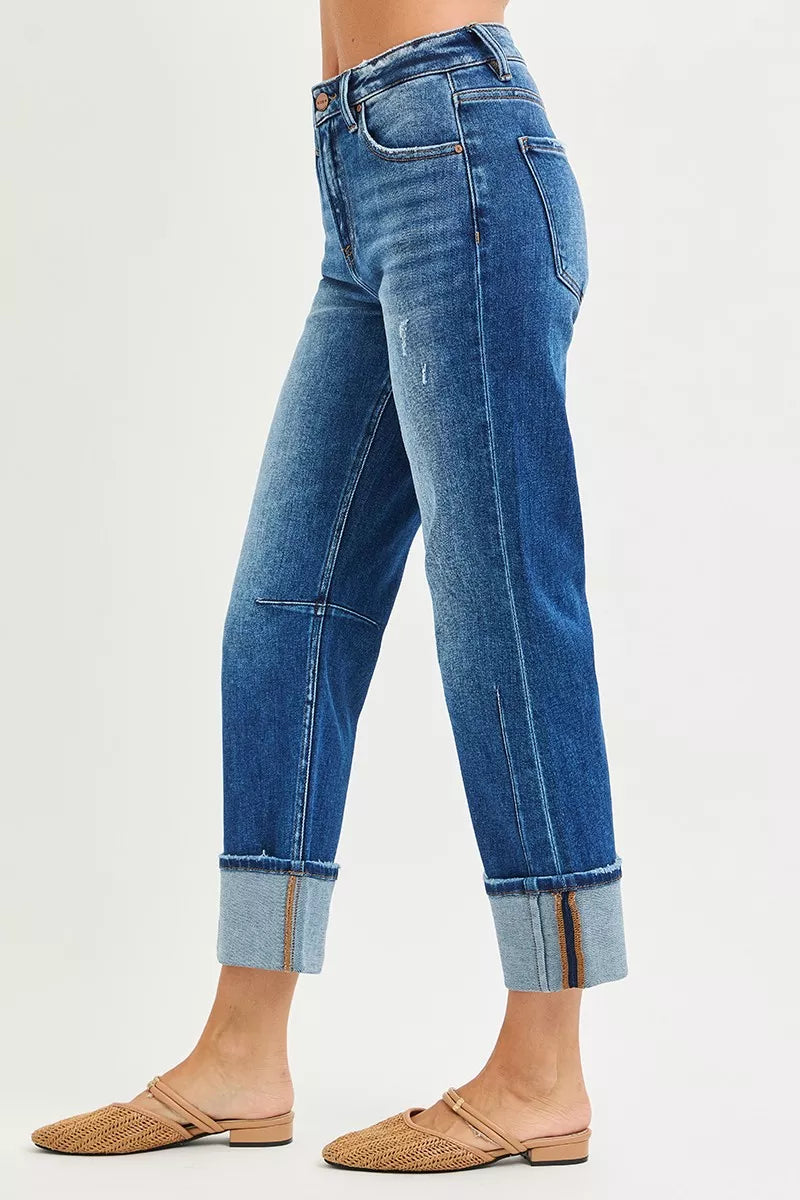 RISEN High Rise Straight Jeans with Distressed Hem for Modern Style