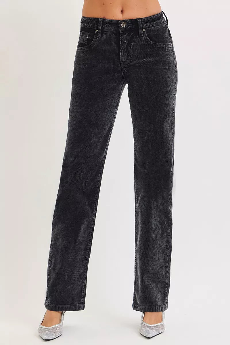 RISEN tummy control corduroy pants front view with mid rise straight leg fit, flattering women’s casual pants with pockets