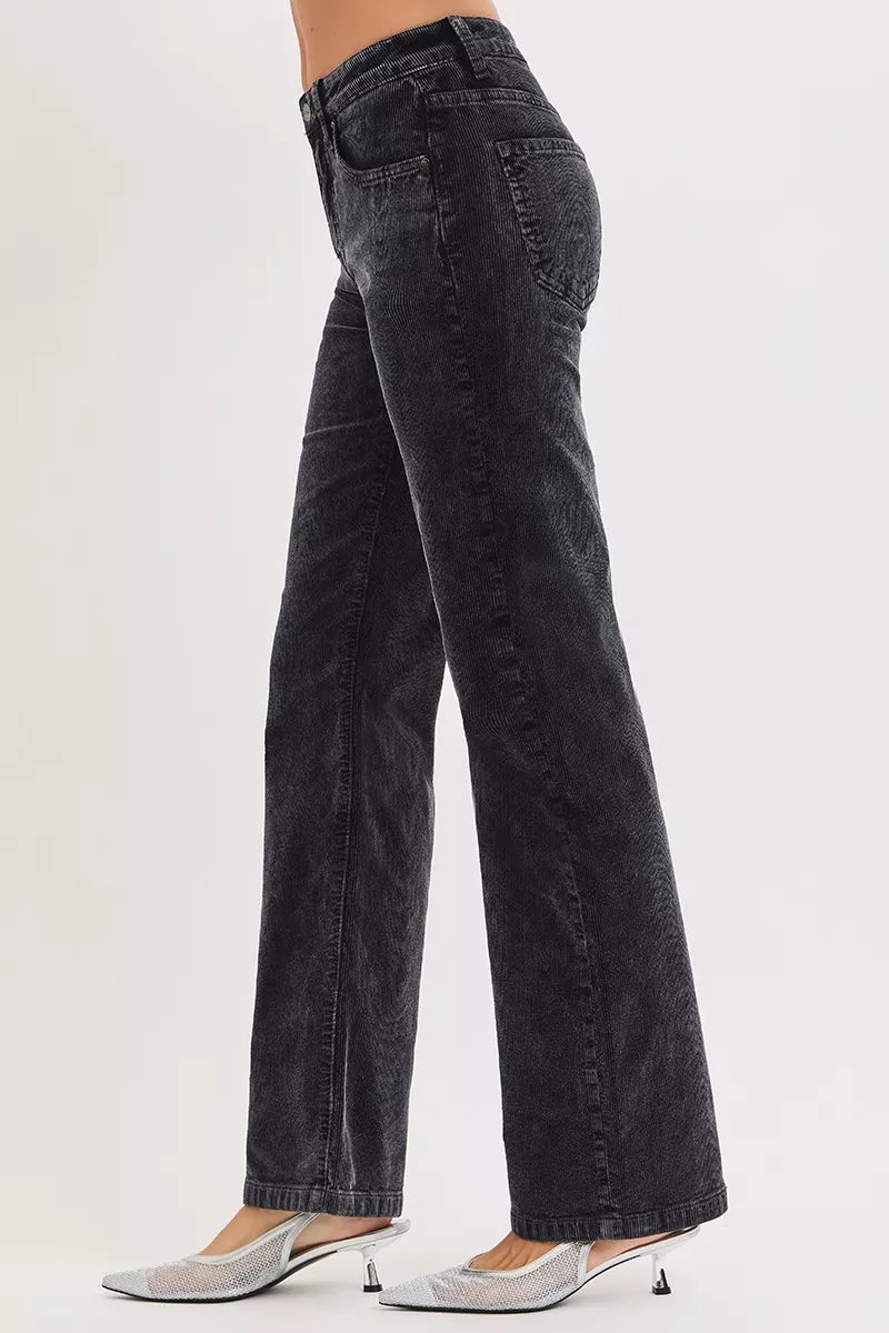 Side view of RISEN tummy control corduroy pants showing mid rise waist, straight leg silhouette and structured women’s style