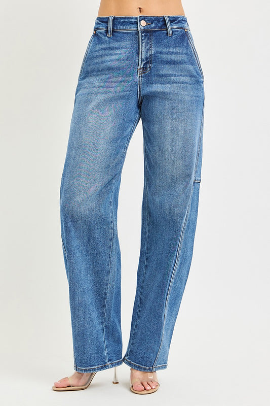 front view of RISEN slouchy baggy jeans for women showing high rise waist relaxed fit and full length denim silhouette