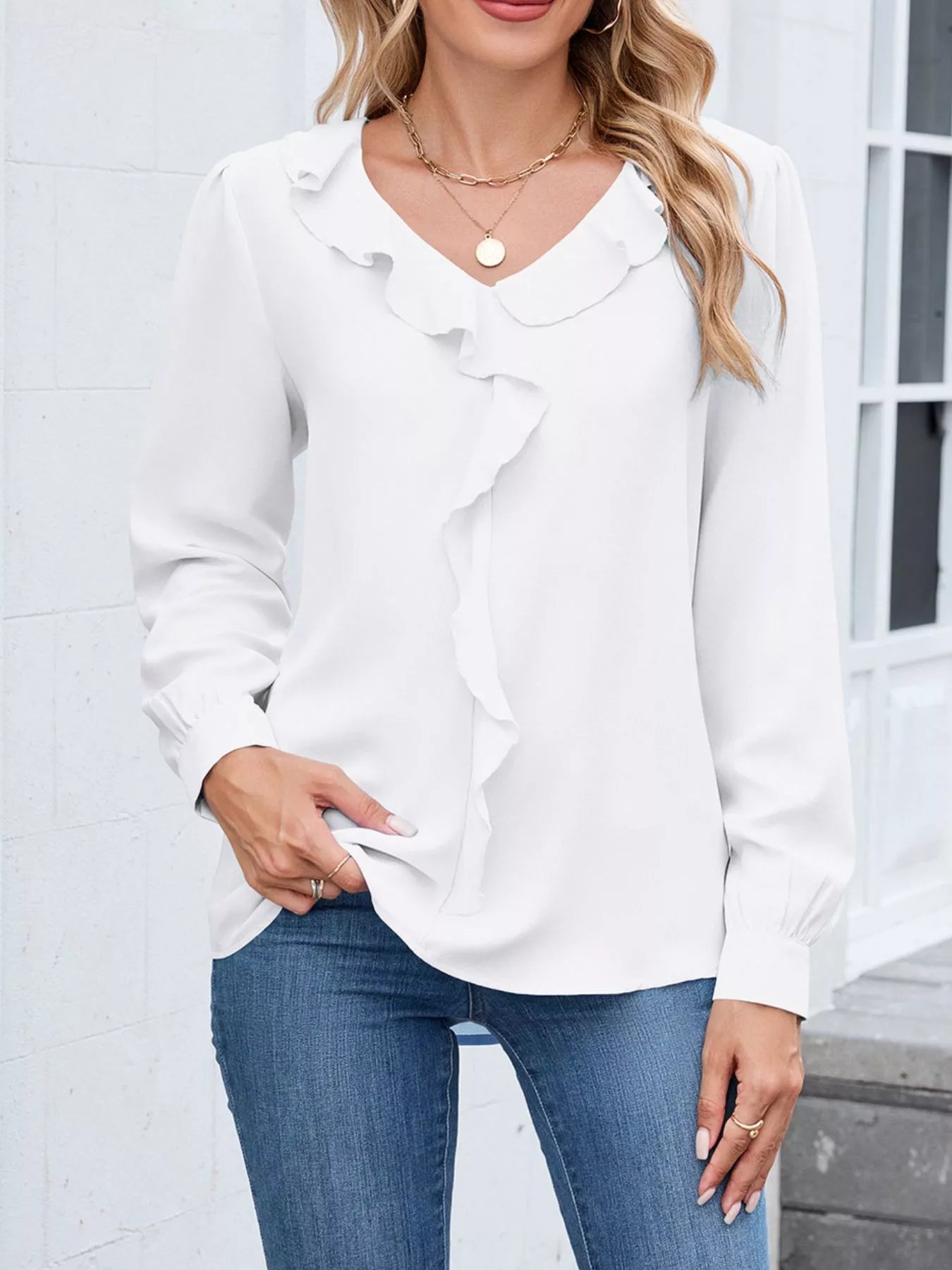 Ruffled V-Neck Long Sleeve Blouse | Elegant Women’s Fashion Top