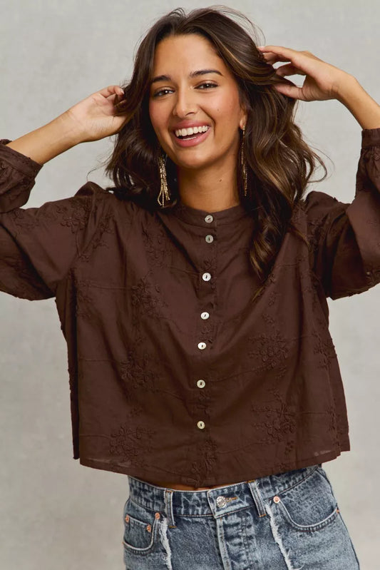 Front view of SO ME 3D Floral Woven Long Sleeve Shirt highlighting lightweight woven fabric and floral pattern