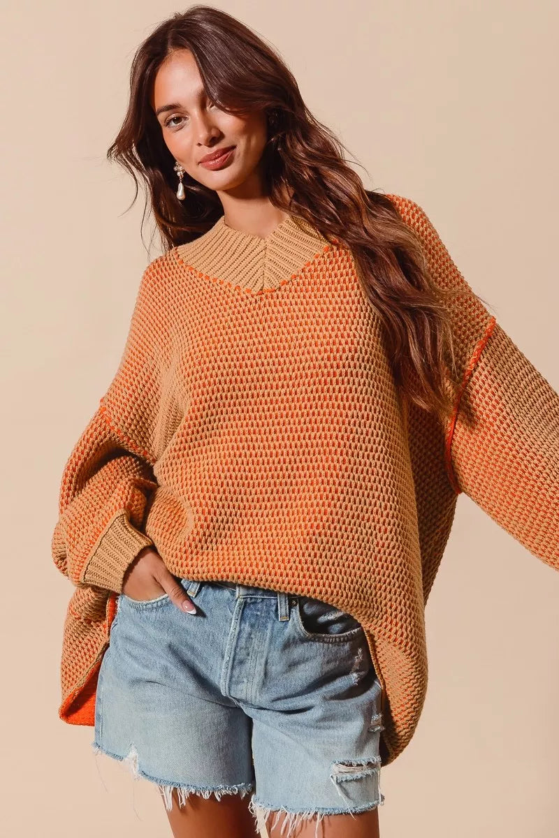 SO ME Oversized Two Tone V Neck Sweater | CentPrime Fashion