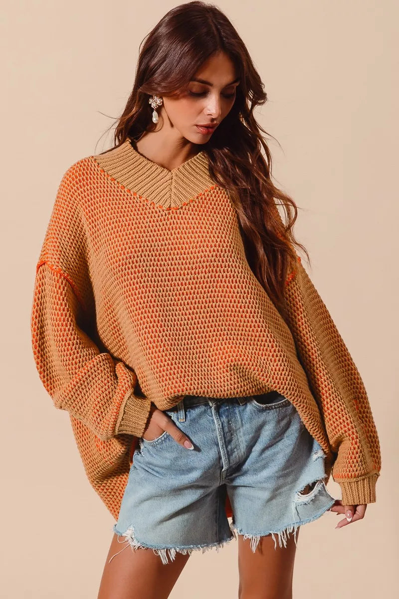 SO ME Oversized Two Tone V Neck Sweater | CentPrime Fashion