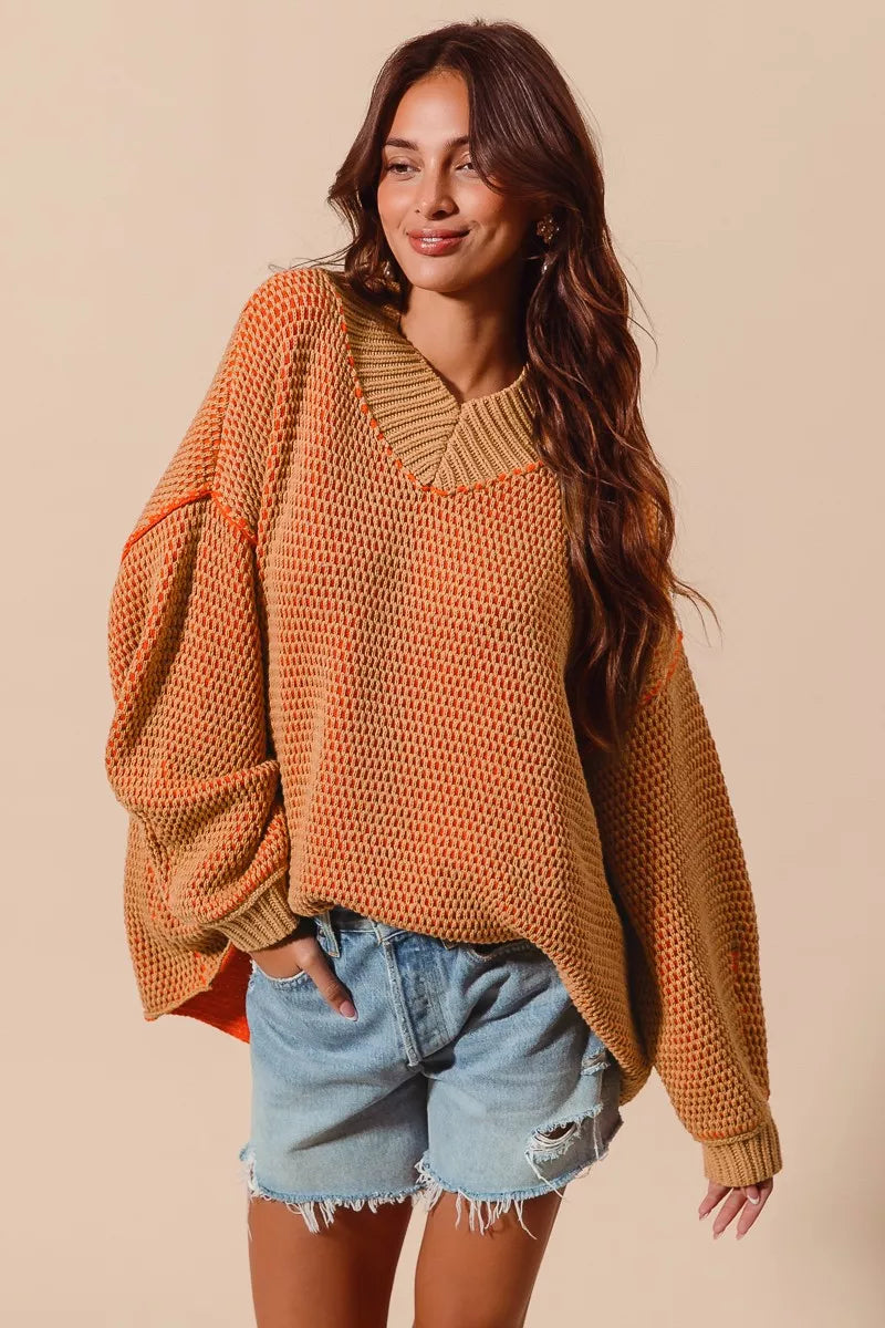 SO ME Oversized Two Tone V Neck Sweater | CentPrime Fashion