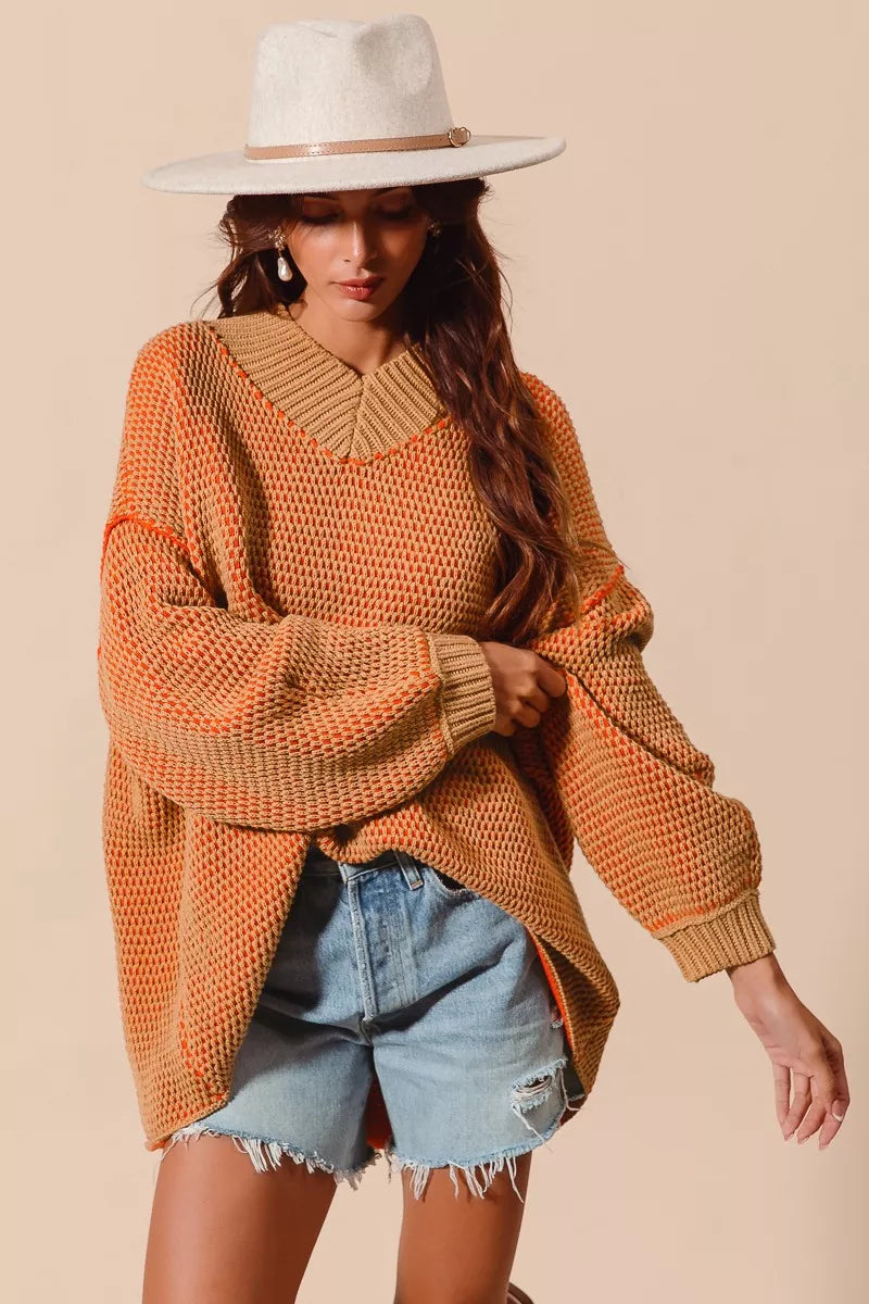 SO ME Oversized Two Tone V Neck Sweater | CentPrime Fashion