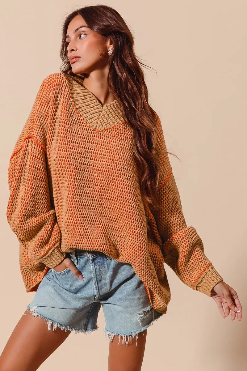 SO ME Oversized Two Tone V Neck Sweater | CentPrime Fashion