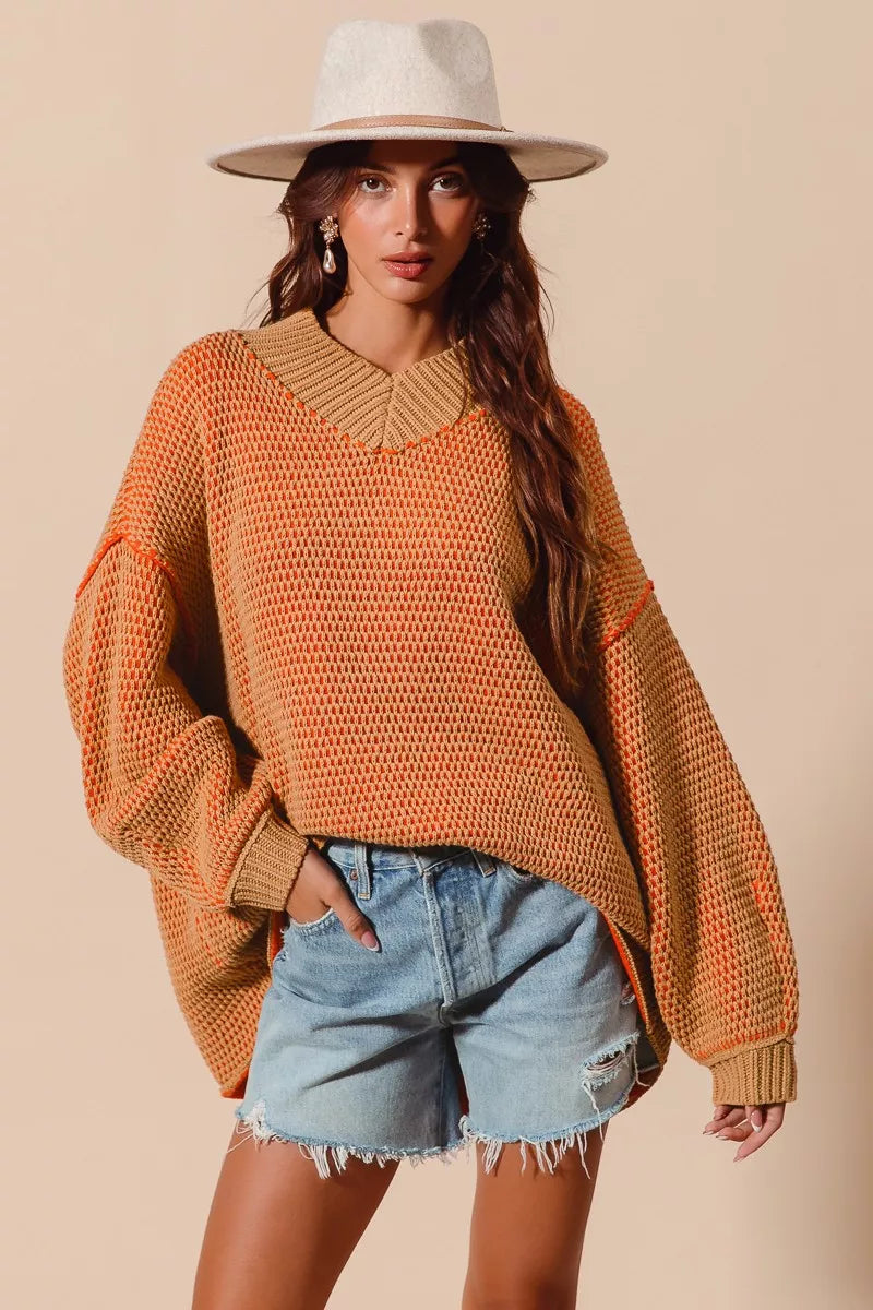 SO ME Oversized Two Tone V Neck Sweater | CentPrime Fashion